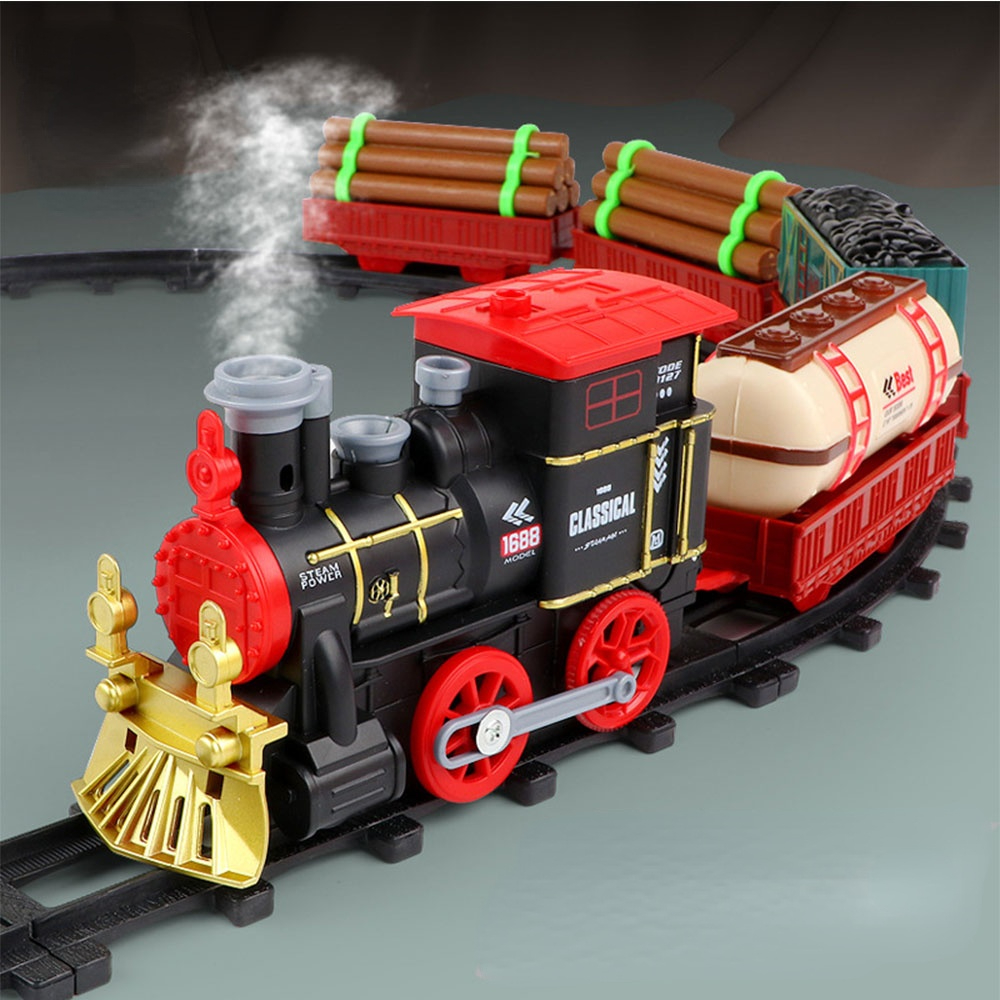 크리스마스 전기 레일 자동차 기차 장난감 연기 시뮬레이션 클래식 모델, 어린이 전기 철도 기차 세트, 남아용